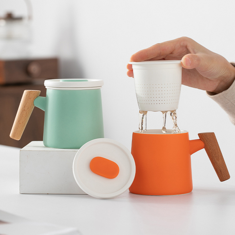 茶水分离杯陶瓷办公室家用个人专用大容量现代木柄带盖水杯泡茶杯